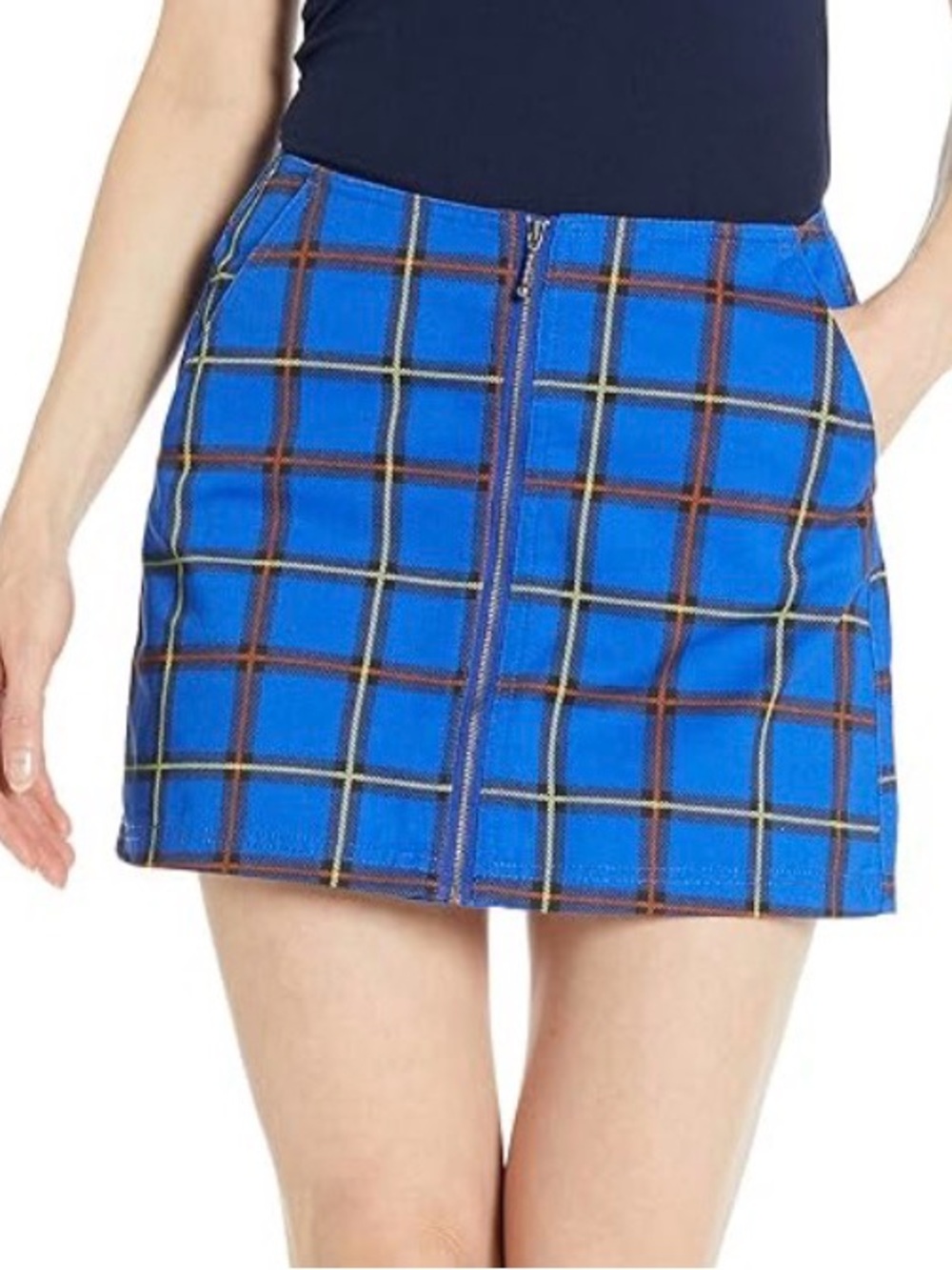 Obey Bailey Blue Plaid Zip-Front Mini Skirt